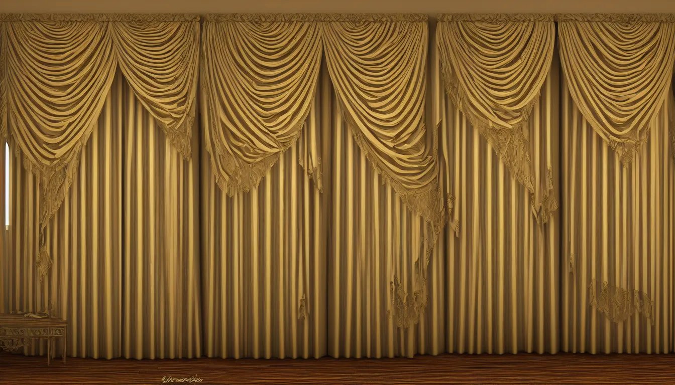 Image similar to symetrical, luxurious night curtains, house interior, design very detailed, high resolution, 8 k