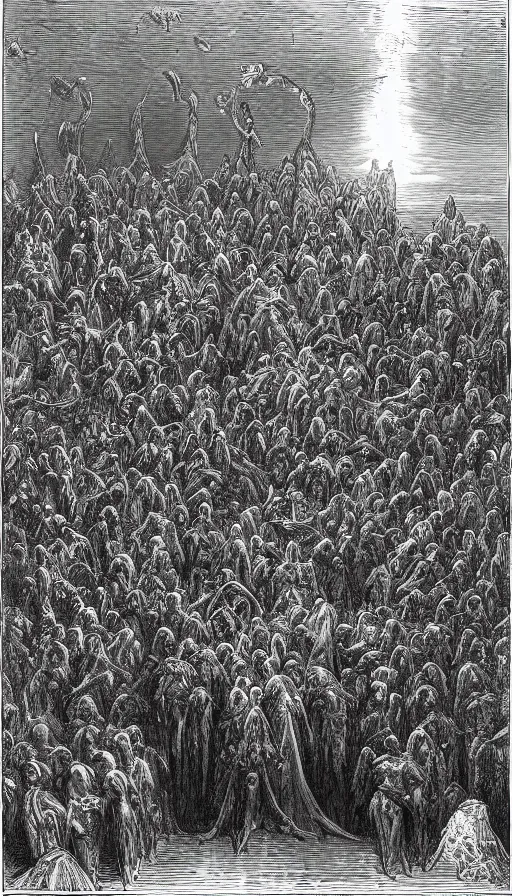 Prompt: one hundred hooded cultists, under the sea, dark fantasy illustration, gustave dore