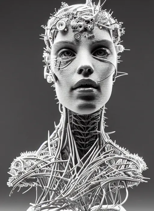 Image similar to a young female cyborg bust made of intricate vegetal stems, dramatic, ilford hp 5, closeup - view, f / 2. 8, high contrast, 1 6 k, fluorescent lamp, contre - jour, insanely detailed and intricate, hypermaximalist, elegant, ornate, hyper realistic, super detailed