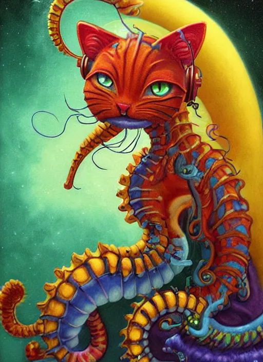 Prompt: cat seahorse fursona wearing headphones, autistic bisexual graphic designer, long haired attractive androgynous humanoid, coherent detailed character design, egg tempera, weirdcore voidpunk digital art by delphin enjolras, leonetto cappiello, simon stalenhag, louis wain, william joyce, amy sol, furaffinity, cgsociety, trending on deviantart