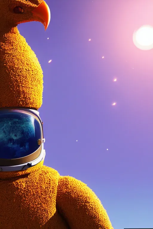 Image similar to a lonely chicken wearing a space suit without helmet in a alien planet, profile picture, digital art, concept art, trending on DeviantArt, highly detailed, high quality, 4K, cartoon, high coherence, path traced, blue sky in the background, octane render, digital painting, no helmet, masterpiece, anatomically correct, hyperrealistic