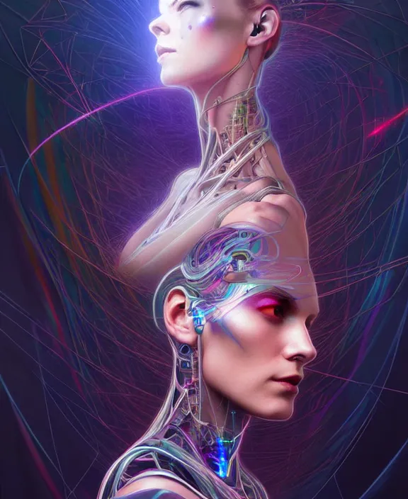 Image similar to a whirlwind of souls rushing inside the metaverse, hologram, half body, neurochip, shaved temple, piercing, jewelry, android, cyborg, cyberpunk face, by loish, d & d, fantasy, intricate, elegant, highly detailed, colorful, digital painting, artstation, concept art, art by artgerm and greg rutkowski and alphonse mucha