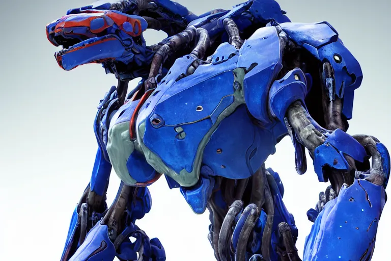 Image similar to portrait of a posed hyper detailed ultramarine burrower evangelion realistic mechanical and fleshy organic creature similar look as horizon forbidden west horizon zero dawn bioluminiscence in a dark deep forest at dawn in spring, with reflection and textures, by kilian eng, substance painter reaslitic mech surface metal painted scratches