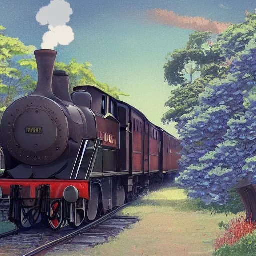 Image similar to concept art painting of a historic transverse view of a steam train, the train carries a cherry tree in flower, realistic, detailed, cel shaded, in the style of makoto shinkai and greg rutkowski and james gurney