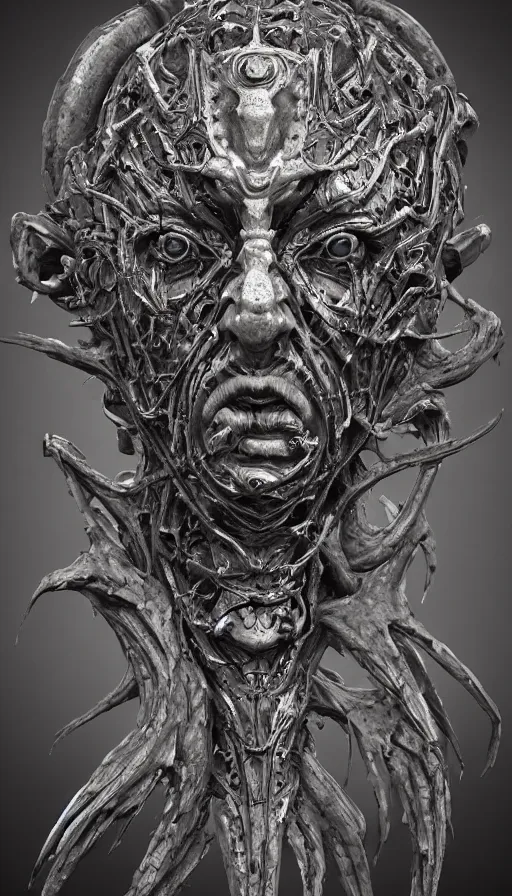 Prompt: ancient biomechanoid hybrid slavic multifaced god armored head fantasy beautiful human witch face mask tattoo pattern concept, glagolitic glyph, intricate artwork by, Johnatan Wayshak, Zdizslaw Beksinski, Artgerm, H.R. Giger, very coherent artwork, cinematic, hyper realism, high detail, octane render, unreal engine, 8k, High contrast, higly detailed black ink outline, crosshatch sketch gradient