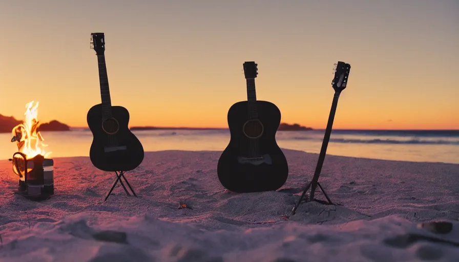 Image similar to kodak portra 400 photo of an acoustic guitar and a campfire on the beach at sunset, golden hour, dimly lit