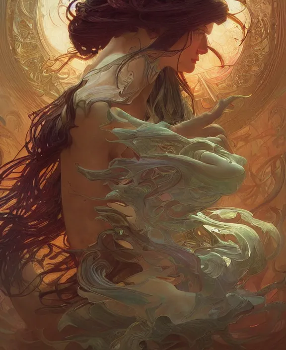 Image similar to a whirlwind of souls rushing inside the metaverse, half body, glowin eyes, d & d, fantasy, intricate, elegant, highly detailed, colorful, vivid color, digital painting, artstation, concept art, art by artgerm and greg rutkowski and alphonse mucha and ruan jia