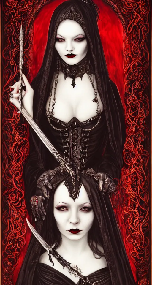 Image similar to of a supreme Lady Bathory, sinister, gothic, victorian, Portrait, extreme detail, luxury, elite, intricate, hypermaximalist, demonic, mythical, painted by Saharat Buarawong, 8K,