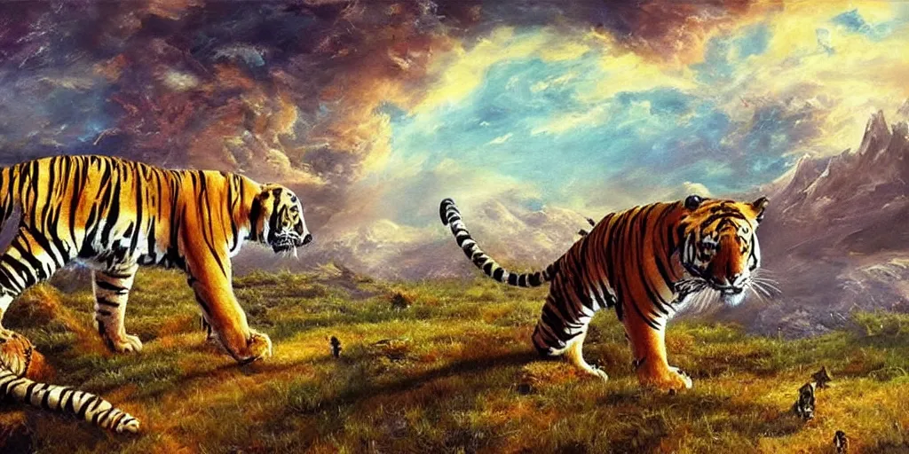 Image similar to alien landscape, bengal tigers, oil painting 8 k, trending on artstation, bob ross, really really good