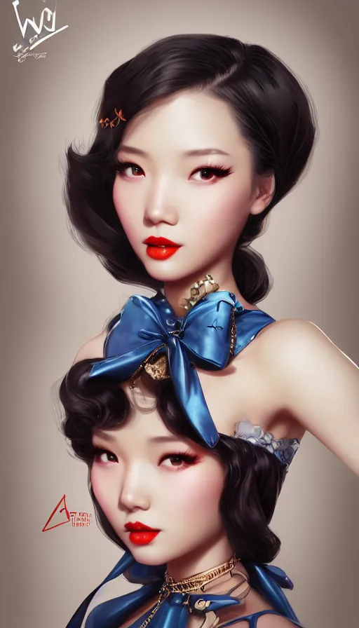 Image similar to a pin up and beautiful fashion and charming and dreamlke asian girl, lv jewelry, art by artgerm & jeehyung lee & wlop, hyperdetailed, 8 k realistic, symmetrical, frostbite 3 engine, cryengine, dof, trending on artstation, digital art