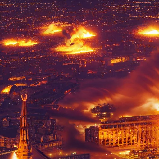 Image similar to bombing raid from aerial view world war 2 fire, london, volumetric lighting, nighttime