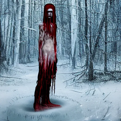 Image similar to horrifying digital art of a blood soaked skinwalker, lanky, skinny, pale skin, snow, forest, dark, horrifying