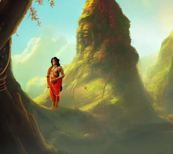 Prompt: a beautiful concept art of hindu god rama and hanuman in a serene landscape, octane, cinematic lighting, detailed, artstation