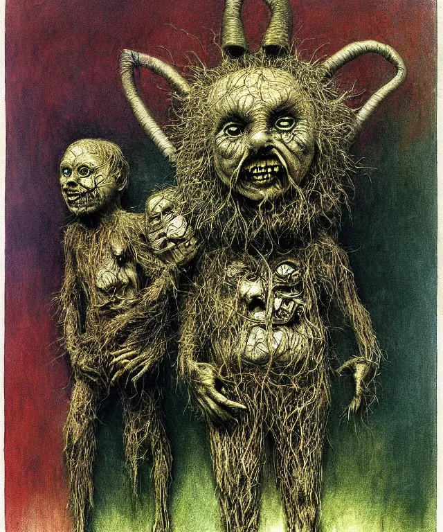 Image similar to a detailed creepy zippy bungle and george, characters from uk children's tv show rainbow! perfect faces, extremely high details, realistic, fantasy art, solo, masterpiece, art by zdzislaw beksinski, arthur rackham, dariusz zawadzki, hermann nitsch