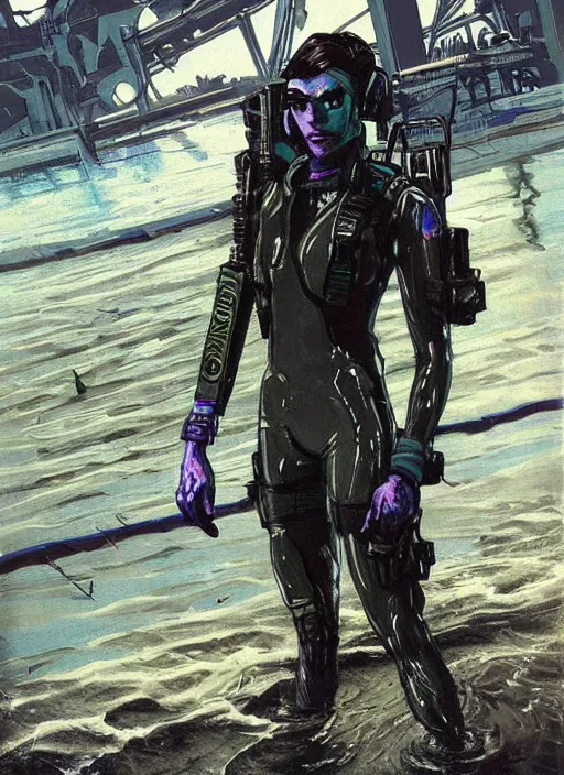 Prompt: Widowmaker. USN blackops operator emerging from water at the shoreline. Operator wearing Futuristic cyberpunk tactical wetsuit and looking at an abandoned shipyard. Frogtrooper. rb6s, MGS, and splinter cell Concept art by James Gurney, Alphonso Mucha. Vivid color scheme.