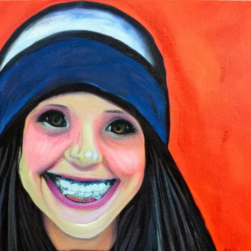 Image similar to painting of a emo girl with a eerily large smile, showing teeth, beanie, impressionist style