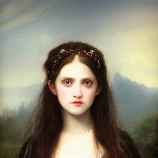 Image similar to portrait of young vampire princess, realistic eyes, headshot, pale skin, 4k, rule of thirds, extreme detail, detailed illustration, trending artstation, hd, fantasy, realistic lighting, by Albert Bierstadt, Frederic Edwin Church.