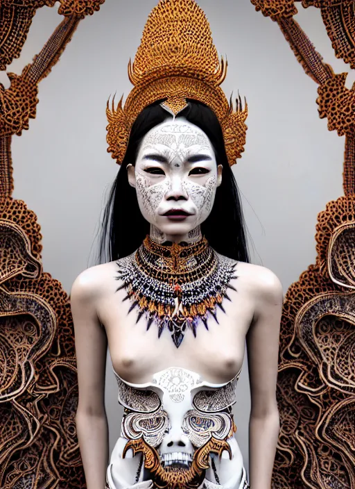 Image similar to absurdly beautiful young thai woman with symmetrical white makeup, wearing an intricate headdress made from bones, wearing large earrings made from white bones, hyperdetailed illustration by irakli nadar and alexandre ferra, intricate linework, in the style of a national geographic portrait, unreal engine 5 highly rendered, global illumination, radiant light, detailed and intricate environment