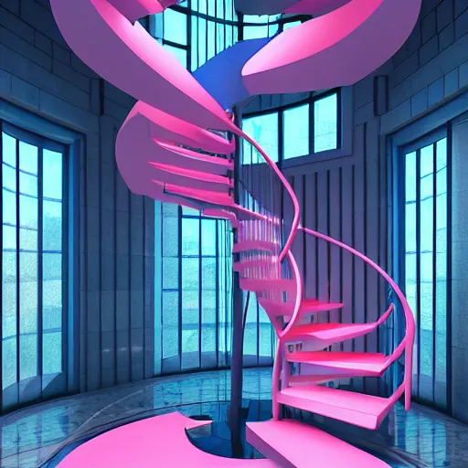 Image similar to a pink and blue interior with a spiral staircase, a raytraced image by Ricardo Bofill, featured on tumblr, retrofuturism, vaporwave, rendered in unreal engine, y2k aesthetic