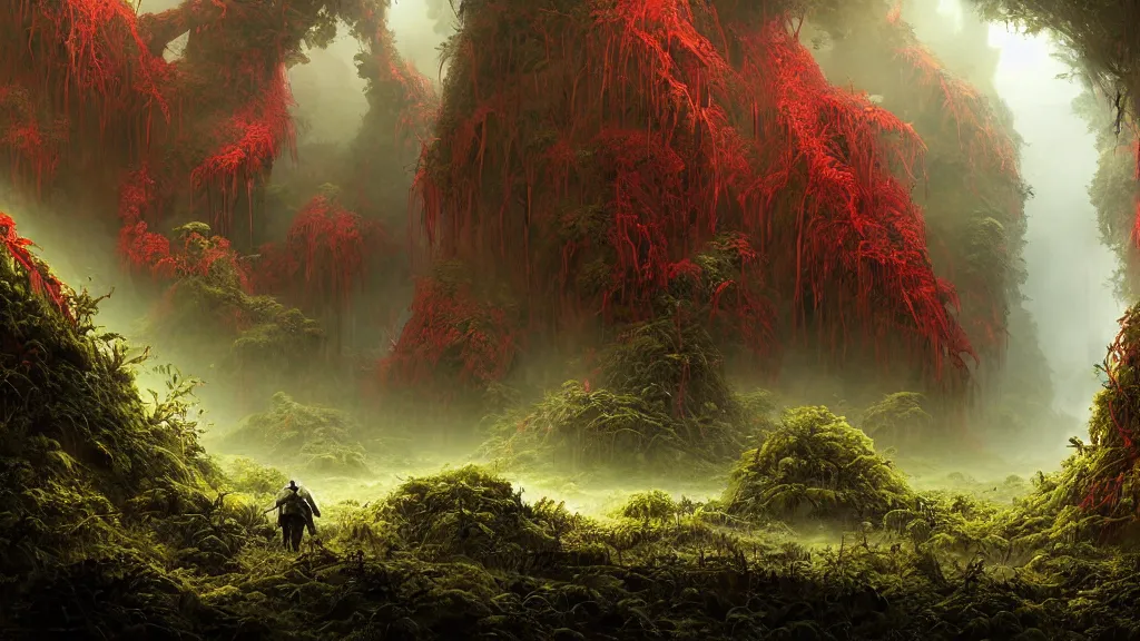 Image similar to dramatic Photorealistic dramatic Landscape Matte painting,Looking through deep inside an Alien planets dense red forest,a lone astronaut in a white spacesuit with lights is exploring hundreds of tall gigantic monster carnivorous Red Venus Flytrap plants with razor sharp teeth and glowing bulbs,translucent wet and slimy plant life by Greg Rutkowski,Craig Mullins,Fenghua Zhong,a misty haze,Beautiful dramatic moody nighttime lighting,Cinematic Atmosphere, Volumetric Lighting,Terragen,Octane Render,8k