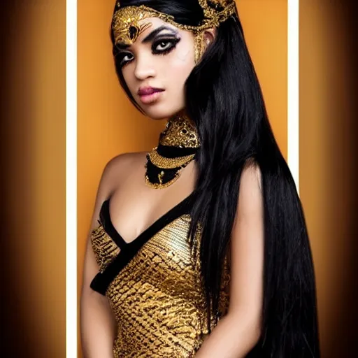 Image similar to aesthetic!!!!!! Female genie in Arabic clothing, black skin, long black hair, gold tint, frontal pose, cinematic lighting, silk, fabric, full-length view, graphex camera, symmetrical balance, in-frame, bokeh!!!!!!