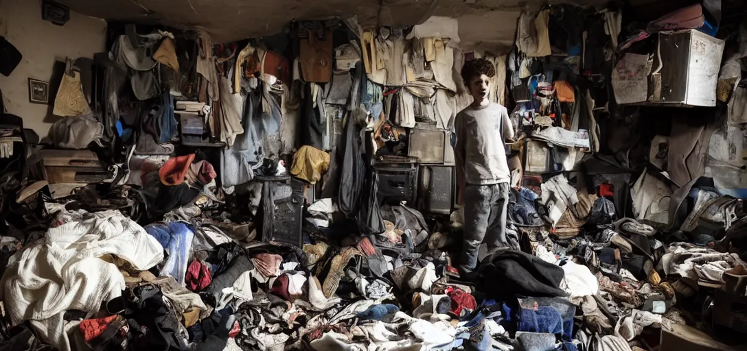 Image similar to a teenage boy at his back entering in a hoarder's room, dark atmosphere