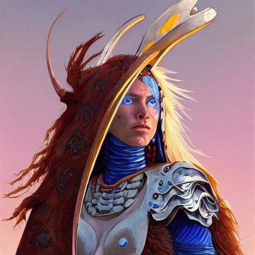 Image similar to painting of a shamanic warrior woman with blue eyes, brown hair, and silver armor by mœbius and by jon foster, trending on artstation