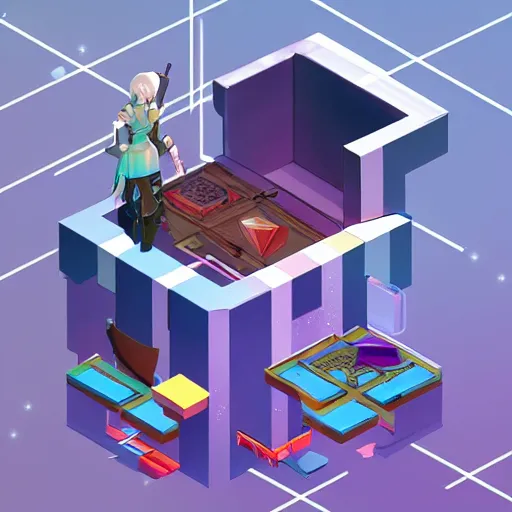 Prompt: isometric treasure chest, futuristic, mirror's edge + nier automata