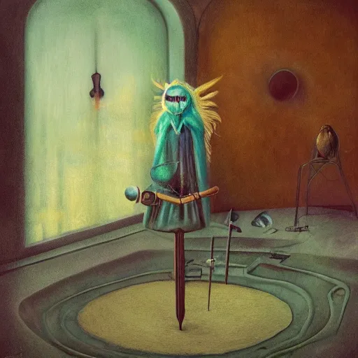 Image similar to eyeless watcher, dutiful return, golden age seraph bunkers, art by Leonora Carrington and Alexander Jansson, high detail, cinematic, cgsociety 8k