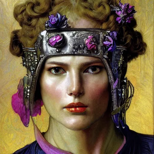 Prompt: a baroque neoclassicist close - up renaissance portrait of an android wearing a carnivale eyemask made from flowers, reflective detailed textures, highly detailed fantasy science fiction painting by annie swynnerton and jean delville and moebius, norman rockwell, frank frazetta, and syd mead. art deco shaman. rich colors, high contrast. artstation