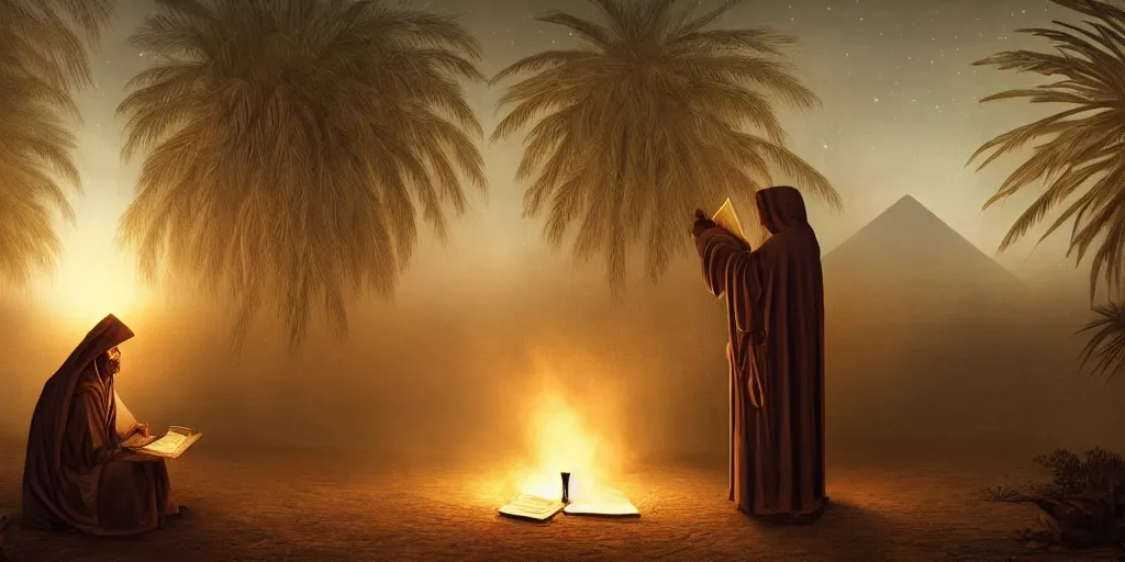 Prompt: a hooded man reading ancient scrolls in the light from a small fire in the Egyptian desert, night, stars, palm trees, mystic, by Andreas Rocha + Ted Nasmith, dark, cinematic lighting, masterpiece, highly detailed, 8k resolution, trending on art station