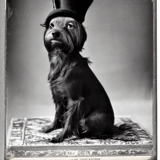 Prompt: an old timey photo of a silky terrier in a top hat at a fancy victorian estate