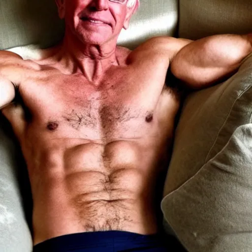 Prompt: a selfie of a shirtless, muscular, handsome bernie sanders, laying seductively on a couch. photo taken on an iphone 1 2.