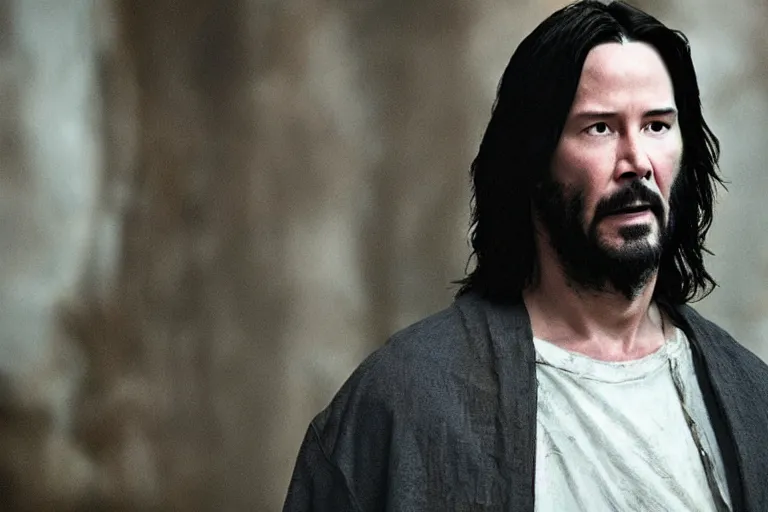 Image similar to promotional image of Keanu Reeves as Jesus Christ in the new movie directed by Christopher Nolan, movie still, promotional image, imax 70 mm footage