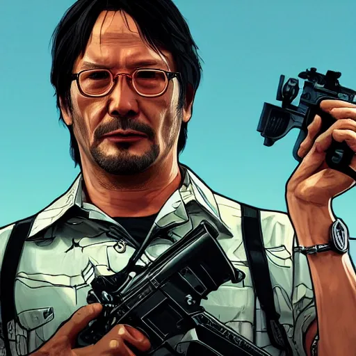 Image similar to Hideo Kojima in GTA 5, cover art by Stephen Bliss, boxart, loading screen