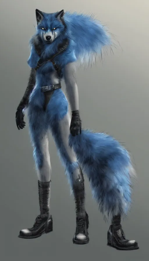 Prompt: dieselpunk blue wolf with fuzzy tail, concept art, dramatic, fantasy, pixiv