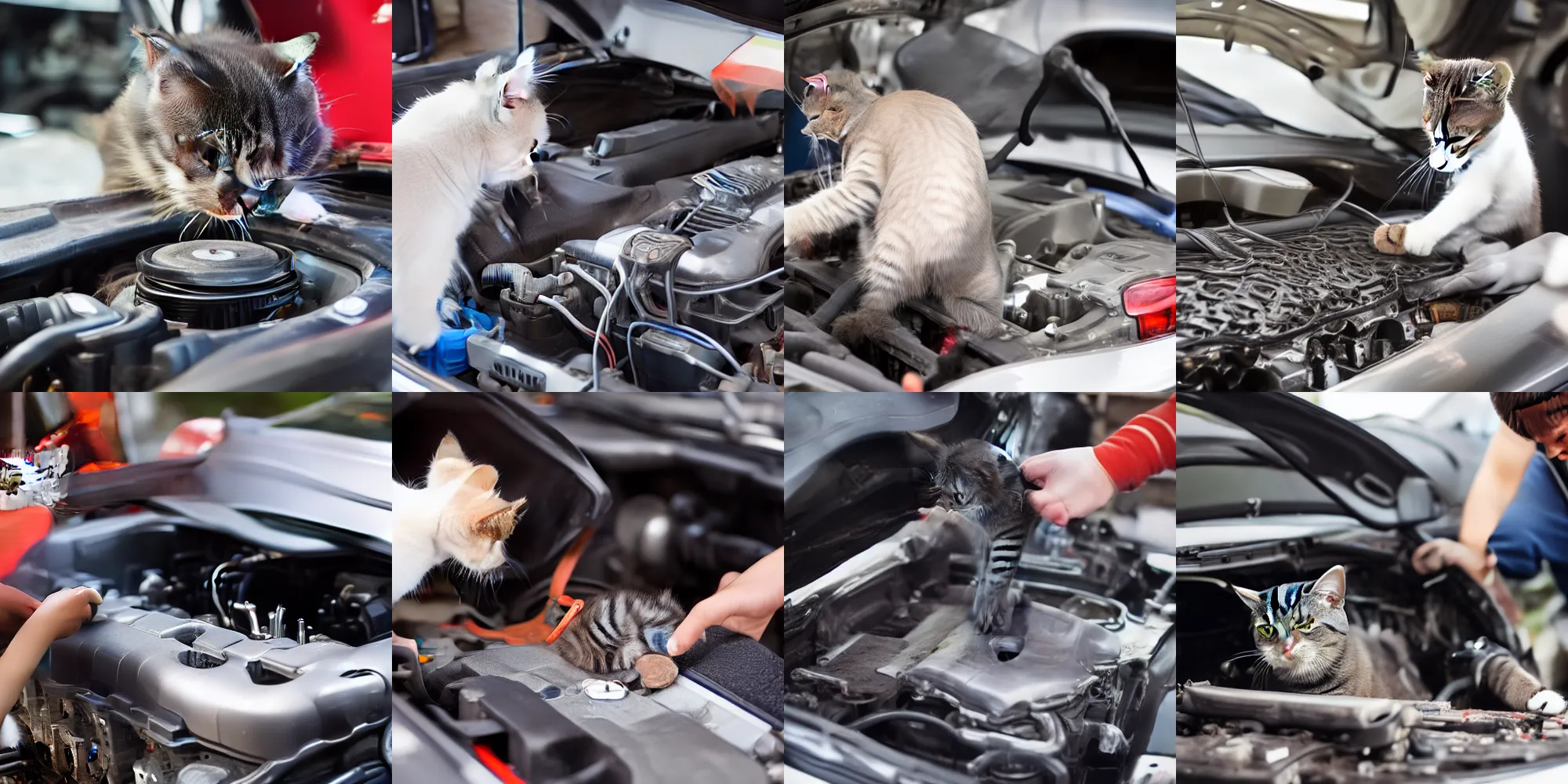 Prompt: A cat repairing a car's engine