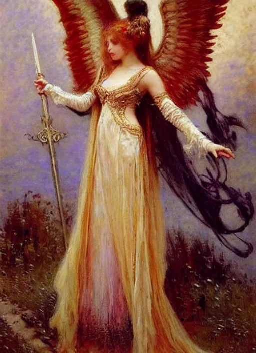 Image similar to angel knight gothic girl, baroque dress. by gaston bussiere