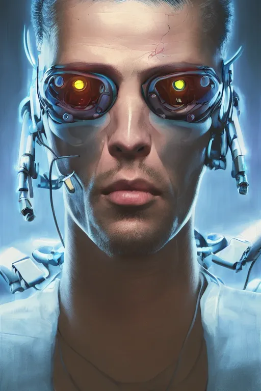 Image similar to illustration of an male cyberpunk character wearing bionic implants, criminal mugshot, highly detailed, oil on canvas, soft lighting, neon pastel colors, by WLOP and Greg Staples, HD, 4K