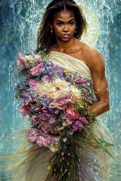 Prompt: portrait of a beautiful barack obama holding a bouquet of flowing flowers, drenched clothing, wet dripping long hair, hands hidden under the bouquet, emerging from the water, fantasy, regal, intricate, by stanley artgerm lau, greg rutkowski, thomas kinkade, alphonse mucha, loish, norman rockwell