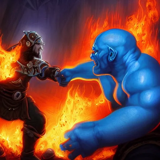 Image similar to a pyromancer is fighting a orc with blue fire, medium level shot , epic scene, Mucha style , general fantasy, illustration ,concept art,