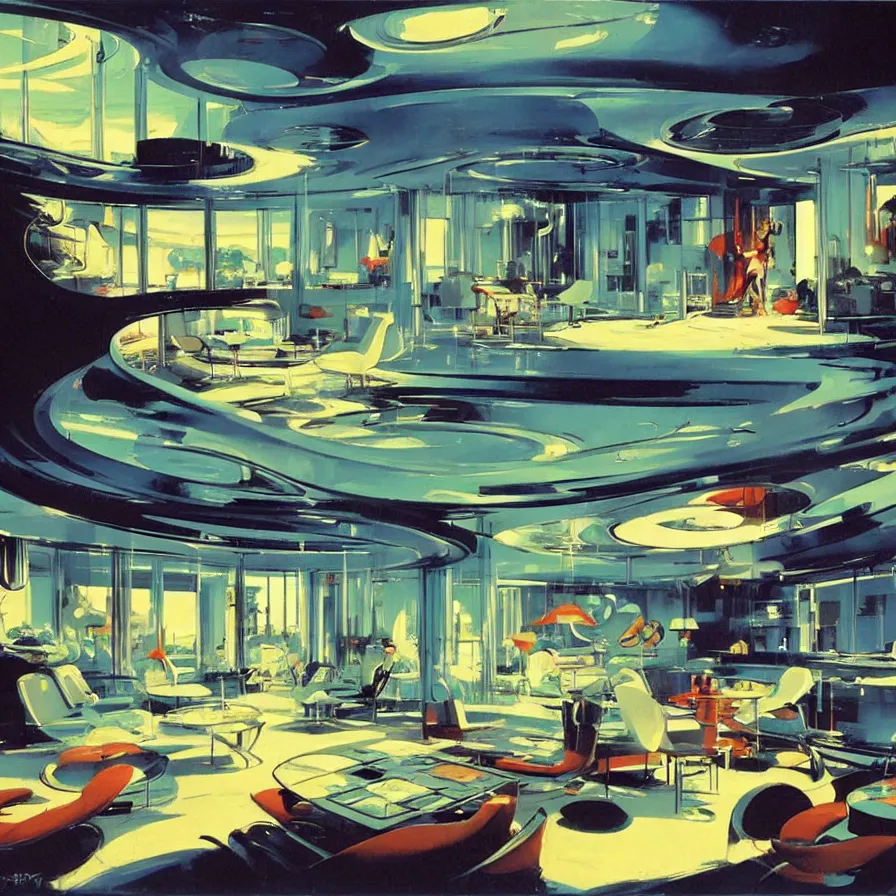 Prompt: concept art of jetsons cartoon indoor scenario of a futuristic house, painted by john berkey