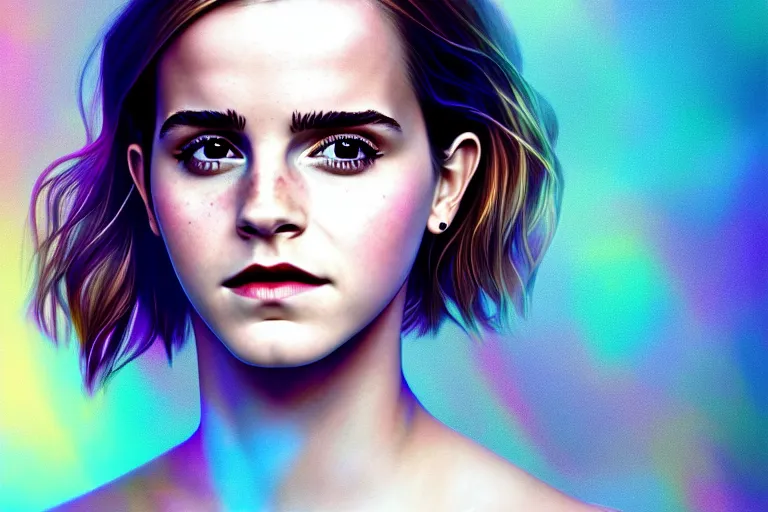 Prompt: surreal Portrait of Emma Watson in dmt chromatic surreal sparkling liquid enviroment , elegant, highly detailed, smooth, photoreal, sharp focus, illustration, beautiful, geometric, dmt trending on artstation, cinematic, artwork by WLOP