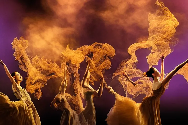 Prompt: playbill of prima ballerina, stage lighting, low angle, oriental scene, hyper realistic, smooth, focus, radiant, dramatic lighting, swirling smoke, low fog, golden hour, intricate, highly detailed