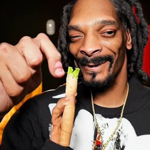 Image similar to Snoop Dog with big eyes eye color red , smiling and holding a joint in his hand