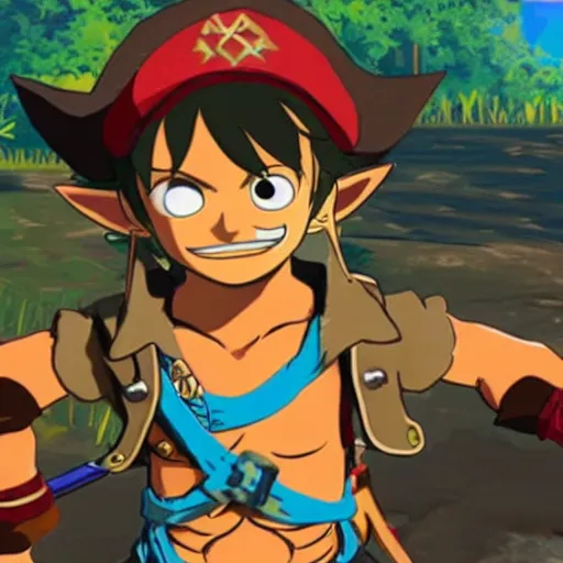 Prompt: a screencap of the legend of zelda breath of the wild, of one piece's luffy in breath of the wild