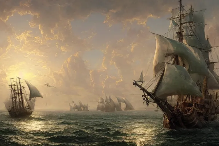 Prompt: highly detailed 4K fantasy matte painting of a single huge pirate ship galleon sailing into a harbor town large white sails green landscape digital art by Greg Rutkowski and Thomas Kinkade, trending on Artstation