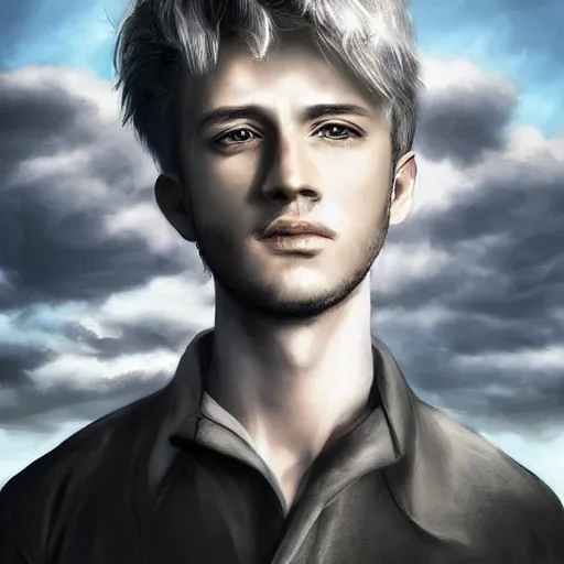 Image similar to a portrait of a young handsome prince, white fringy hair, white shirt, black tunic, smooth, epic clouds, beautiful landscape, backlit, incredible lighting, strong rim light, subsurface scattering, highly detailed, god rays, digital painting, HDRI, by Heise Jinyao, Heise-Lian Yan Fang, Feimo, Richard Taddei, vivid colors, high contrast, 8k resolution, intricate, photorealistic