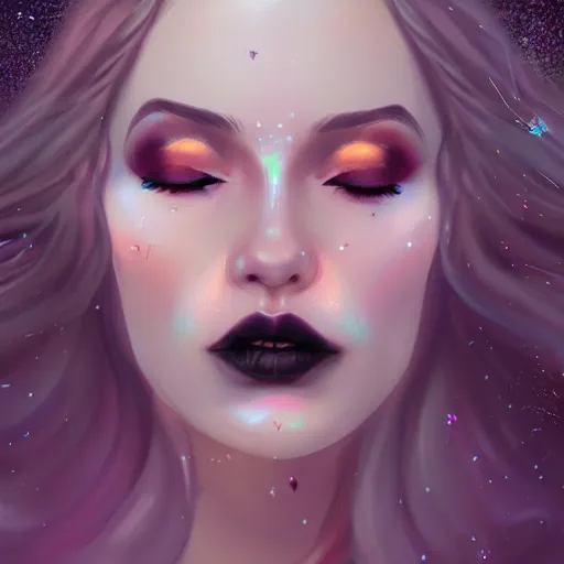 Image similar to portrait of a woman inspired by lois van baarle, charlie bowater, anna dittmann, illustration, iridescent, iridescent hair, face, hair styles, gothic makeup, glitter, self confidence, cinematic 8 k