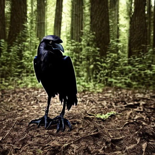 Image similar to werecreature consisting of a human and crow, photograph captured in a forest